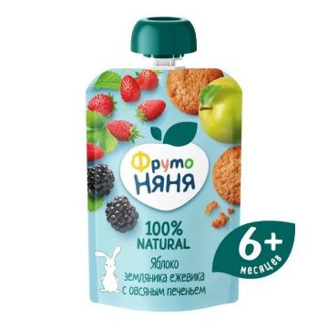 Пюре Фруто няня Дой-пак яблоко, земляника, ежевика овсяным с печеньем 90г с 6 месяцев