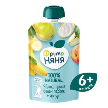 Пюре Фруто няня Дой-пак яблоко, груша, банан, персик, йогурт 90г с 6 месяцев