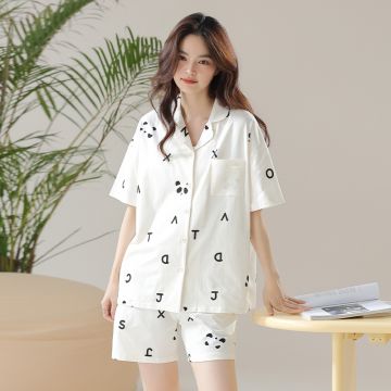 2-ка пижама рубашка/шорты  Молочный Буквы и панды Трикотаж пуговица Карман