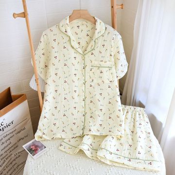 Муслиновая пижама двойка футболка/шорты FuQianZi Молочный Вишеньки Муслин пуговица Карман