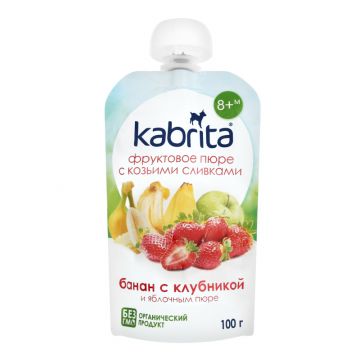Пюре Kabrita с козьими сливками банан с клубникой и яблочным пюре 100г с 6 месяцев