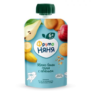 Пюре Фруто няня Дой-пак яблоко, банан, груша с печеньем 90г с 6 месяцев