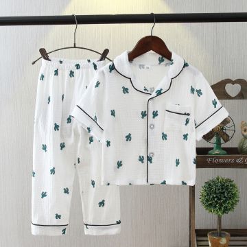 Пижама двойка рубашка/штаны Кактус Jing Pin Ju Jia Муслин Белый Уни Пуговица pij948