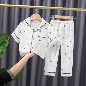 Пижама двойка рубашка/штаны Сердечки Jing Pin Ju Jia Муслин Белый Уни Пуговица pij435