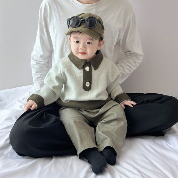 Свитер   Вязаный Серый/зеленый Мал Пуговица Т24Q24