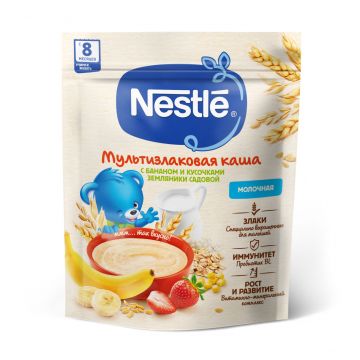 Молочная каша Nestle мультизлаковая банан и с кусочками земляники 200г с 8 месяцев