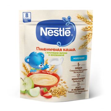 Молочная каша Nestle пшеничная с кусочками яблока и земляникой 200г с 8 месяцев