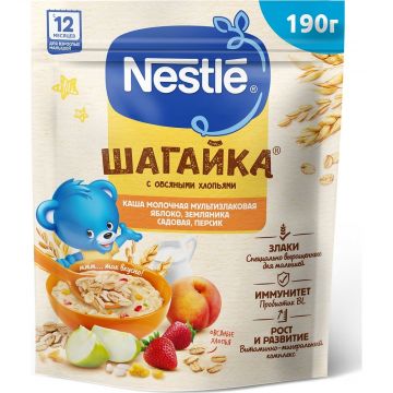 Молочная каша Nestle Шагайка мультизлаковая с яблоком, земляникой и персиком 190г с 12 месяцев