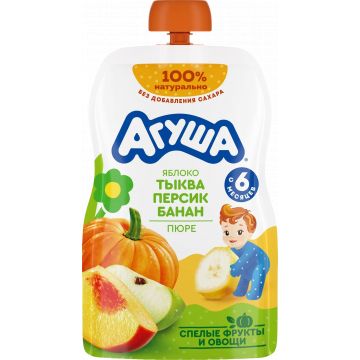 Пюре Агуша Дой-пак яблоко, тыква, персик, банан 90г с 6 месяцев