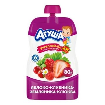 Пюре Агуша Дой-пак яблоко, земляника, клубника, клюква 80г с 6 месяцев