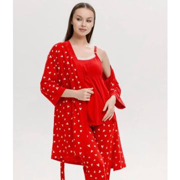 Комплект с халатом 3в1 0891 Ellada Красный сердечки Трикотаж Бретельки Пояс