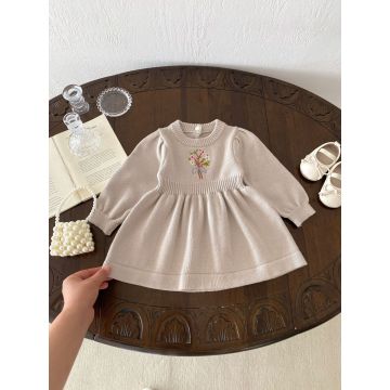 Платье Цветочки Yidoumi Вязаный трикотаж Бежевый Дев Кнопка GZ690