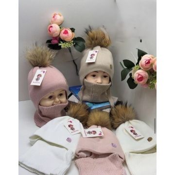 Комплект шапка и снуд  Вязаный   Дев, Зима Натуральный бубон 0-2 г 38005