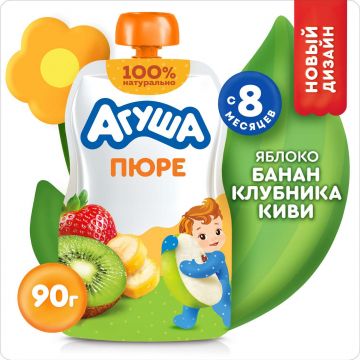 Пюре Агуша Дой-пак яблоко, банан, клубника и киви 90г с 8 месяцев