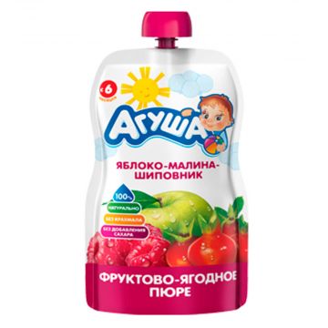 Пюре Агуша Дой-пак яблоко, малина, шиповник 90г с 5 месяцев
